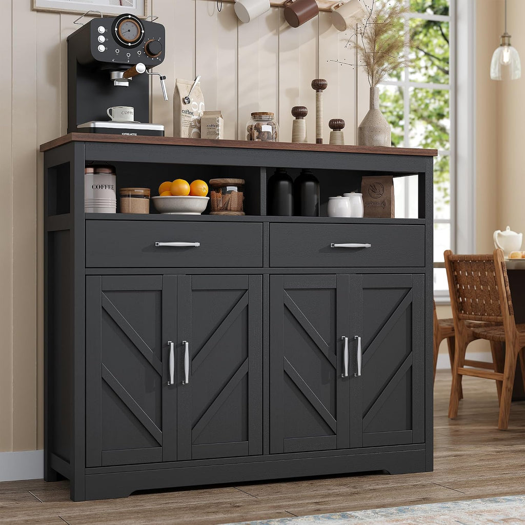 knoworld Buffet Sideboard with Storage Farmhouse with 4 Doors, 47'' Large Kitchen Storage Cabinet Wood Coffee Bar Cabinet Buffet Table with Shelves for Kitchen, Dining Room, Entryway
