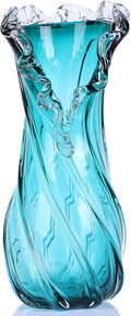 Hand Blown Blue Large Glass Vase Set - Artistic Clear Blue Vase for Coastal & Modern Home Decor, Ocean Wave Vase Design Light Luxury Style for Home Decor, Centerpiece, Office (XL)