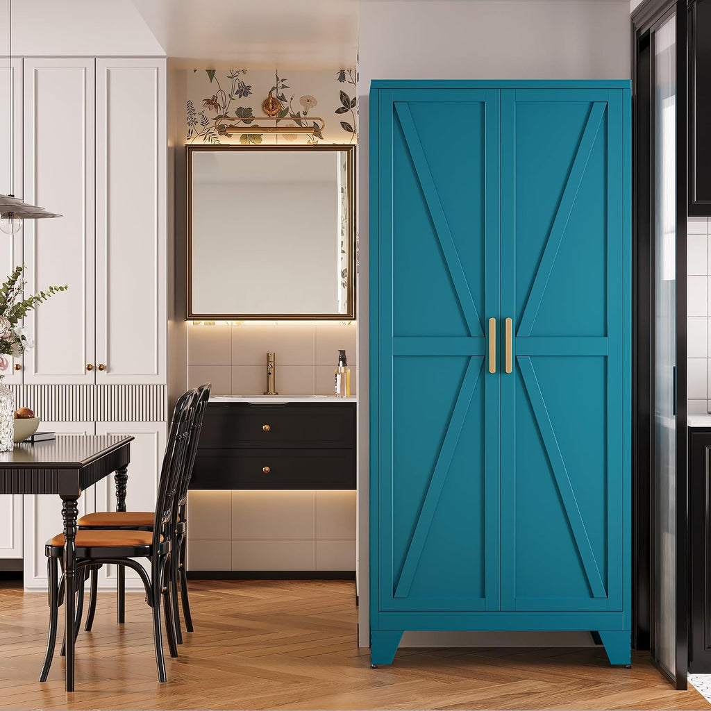 QINPTWUT 71' Metal Storage Cabinet with Doors and Shelves, Tall Pantry Cabinet in Blue with 2 Doors & 4 Adjustable Shelves, All-Steel Farmhouse Cupboard for Kitchen, Living Room,Home Office,Garage