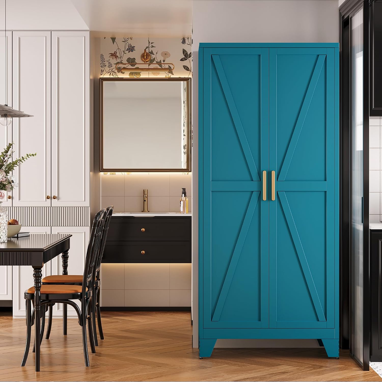 QINPTWUT 71' Metal Storage Cabinet with Doors and Shelves, Tall Pantry Cabinet in Blue with 2 Doors & 4 Adjustable Shelves, All-Steel Farmhouse Cupboard for Kitchen, Living Room,Home Office,Garage