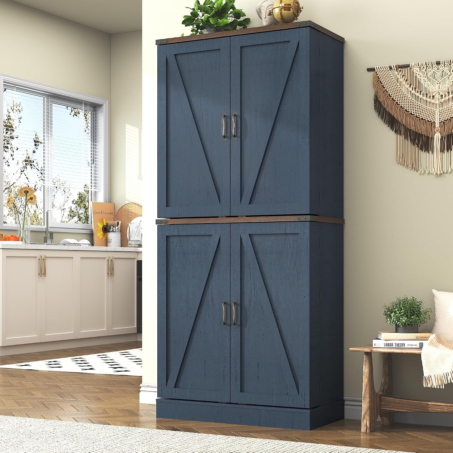 71' Tall Kitchen Pantry Cabinet, Farmhouse Tall Kitchen Storage Cabinet with Adjustable Shelves & 4 Barn Style Doors, Wooden Storage Cabinet for Kitchen, Dining Room, Living Room, Bathroom, Office