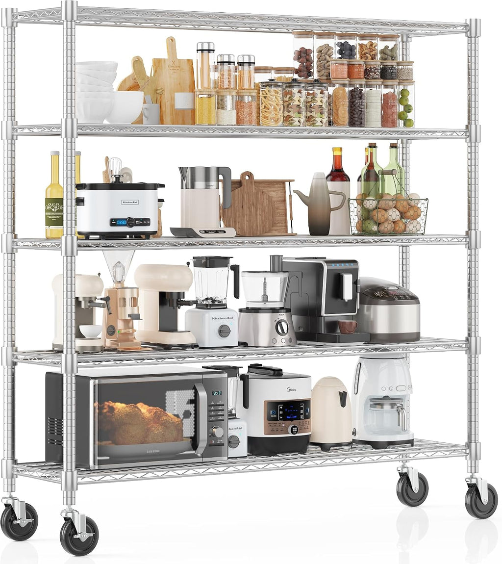 Homdox 5 Tier Heavy Duty Metal Wire Shelving with Wheels, 3000 lbs Capacity Garage Storage Rack, Rolling Industrial Storage, Adjustable Commercial Shelves for Kitchen, Warehouse, 18'x60'x82', Chrome