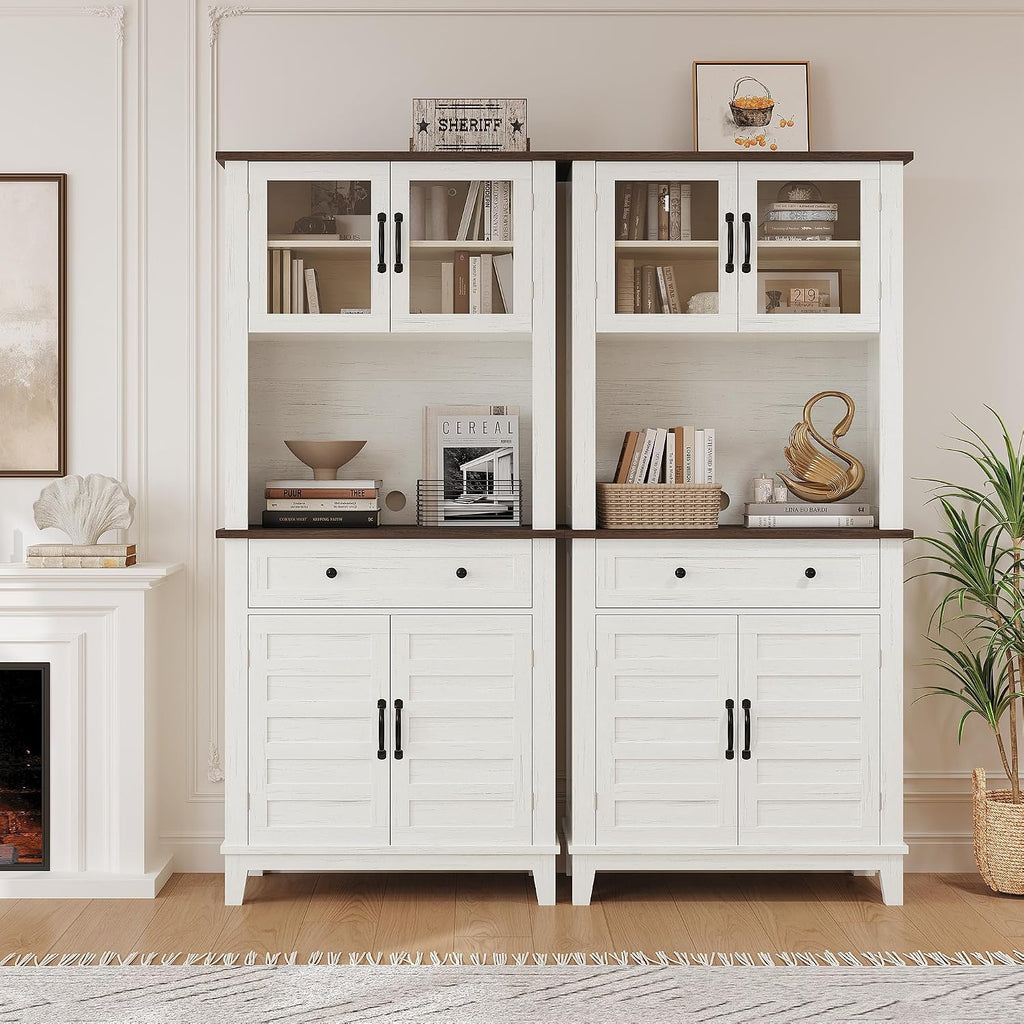 GarveeHome 72' Kitchen Pantry Storage Cabinet, Kitchen Hutch Cabinet with Storage, Microwave Stand with Drawers & Glass Doors, Pantry cabinets for Kitchen, Dining Room, Living Room, Light White