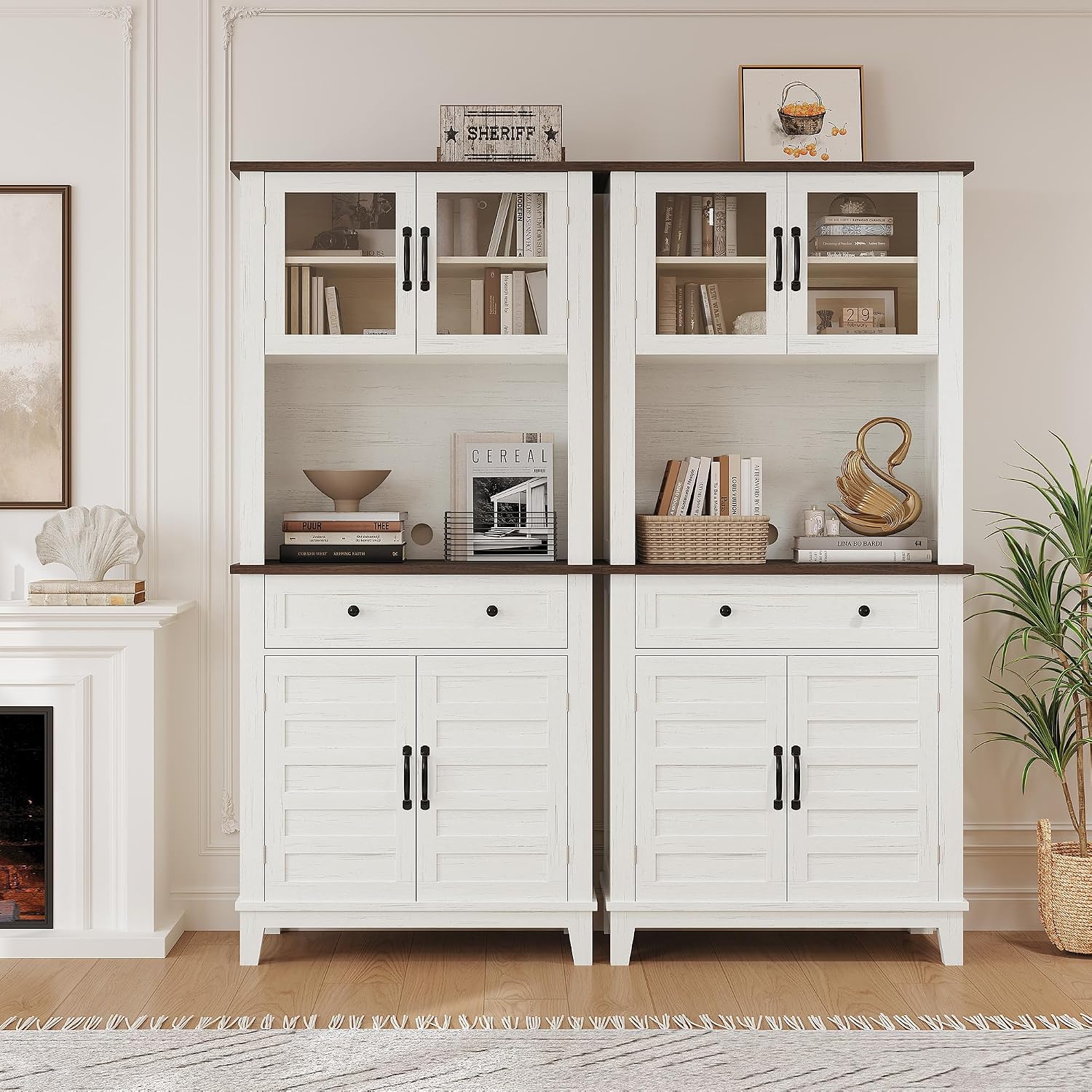 GarveeHome 72' Kitchen Pantry Storage Cabinet, Kitchen Hutch Cabinet with Storage, Microwave Stand with Drawers & Glass Doors, Pantry cabinets for Kitchen, Dining Room, Living Room, Light White