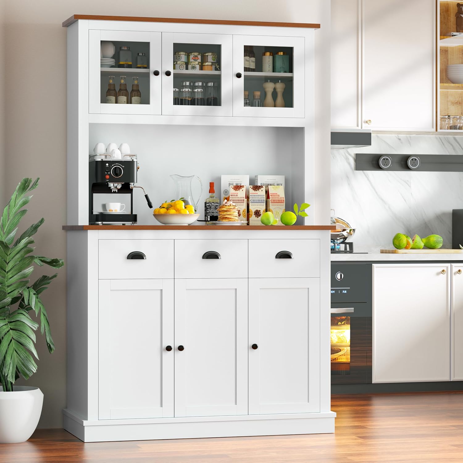 MU 71' Kitchen Pantry Cabinet with Charging Station, Tall Pantry Hutch with Drawers, Countertop & Microwave Shelf, Food Storage Cabinet for Dining Room & Coffee Bar, White