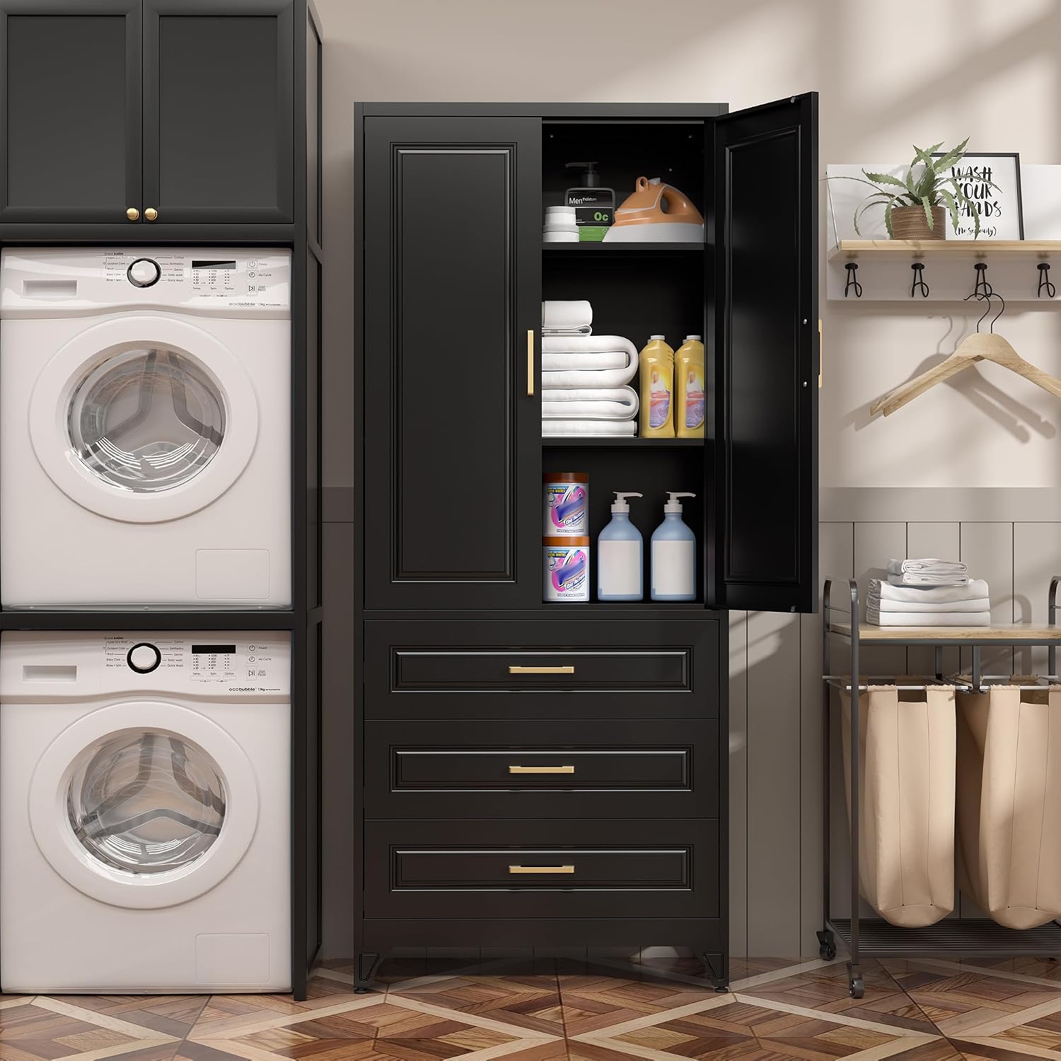 SteeLoong 75' Kitchen Pantry Cabinet with 3 Drawers,Metal Storage Cabinets with Doors and 2 Adjustable Shelves,Black Kitchen Cabinet with 2 Gold Handles,Food Cupboard for Livingroom, Bathroom,Pantry