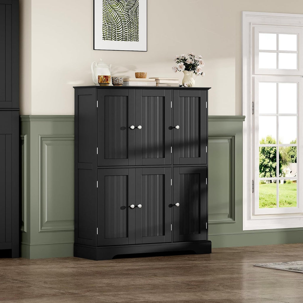 ChooChoo Bathroom Floor Cabinet, Modern Bathroom Storage Cabinet with 6 Doors and Adjustable Shelves, Freestanding Cupboard for Living Room, Black