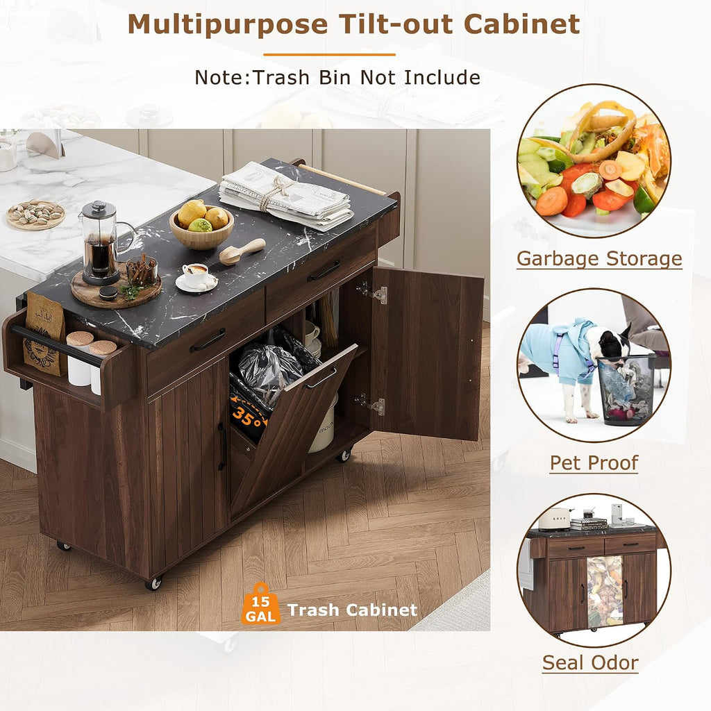 Rolling Kitchen Island Carton Wheels with Trash Can Storage Cabinet, Drop Leaf, Spice Rack, Towel Rack, Drawer, Adjustable Shelf for Dining Room Kitchens Walnut Brown