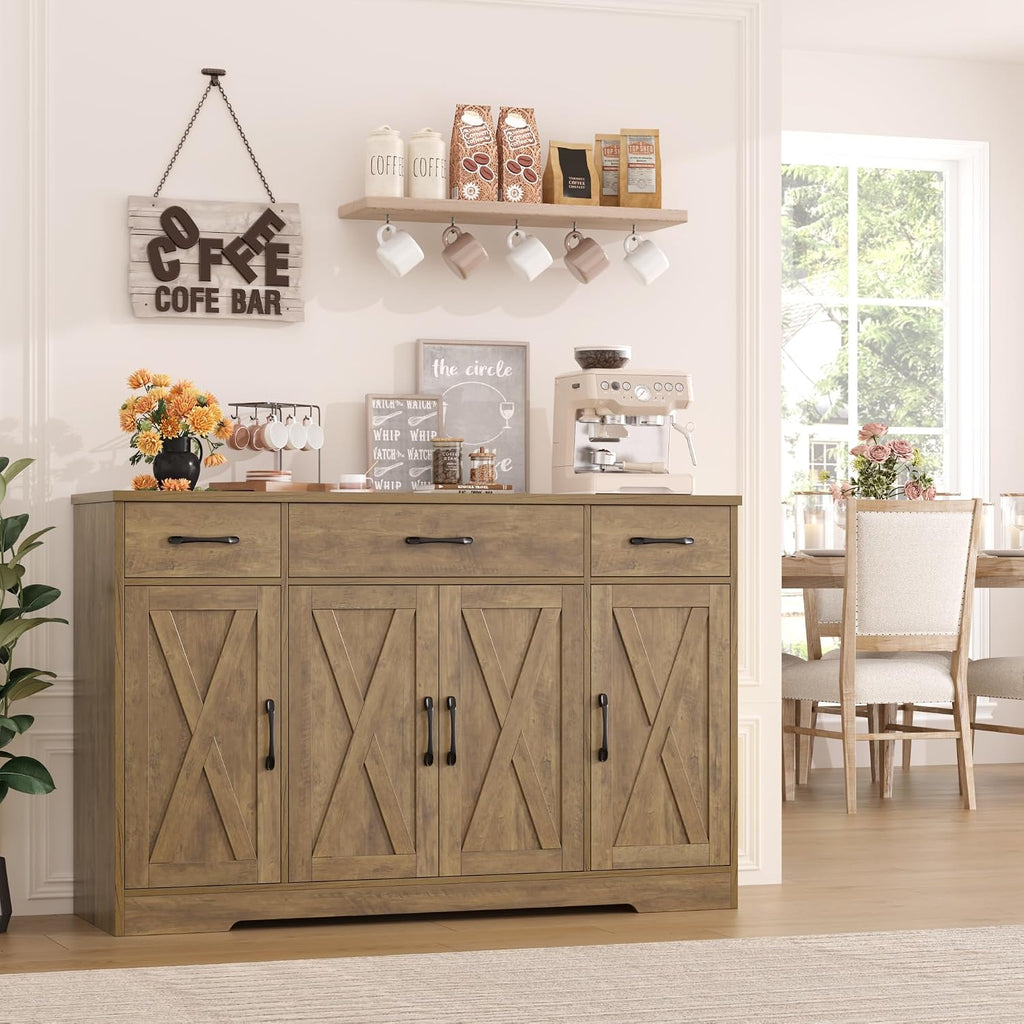 HOSTACK Buffet Sideboard Cabinet with Drawers, 55' Large Buffet Storage Cabinet with Shelves and Doors, Modern Farmhouse Coffee Bar Station Wood Kitchen Table for Kitchen, Dining Room, Rustic Brown