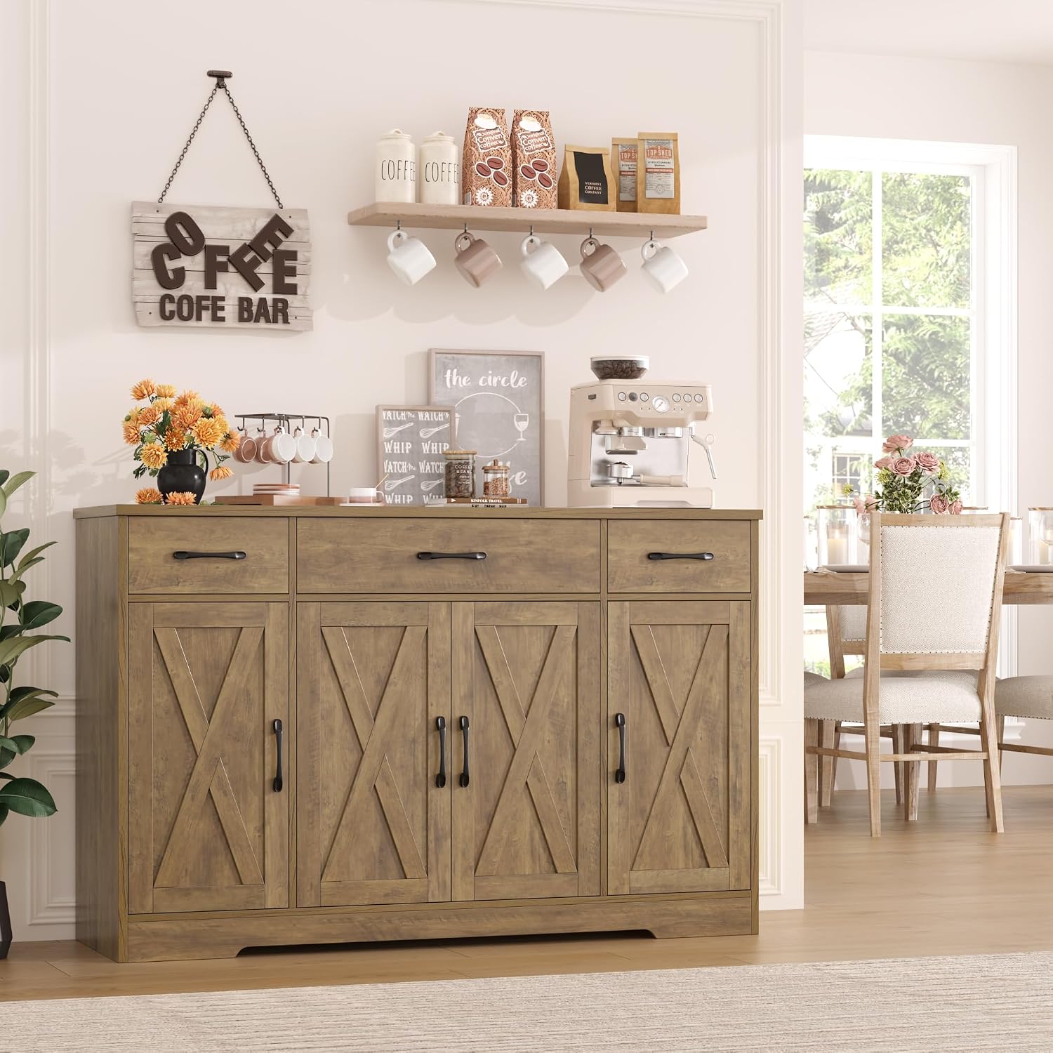 HOSTACK Buffet Sideboard Cabinet with Drawers, 55' Large Buffet Storage Cabinet with Shelves and Doors, Modern Farmhouse Coffee Bar Station Wood Kitchen Table for Kitchen, Dining Room, Rustic Brown