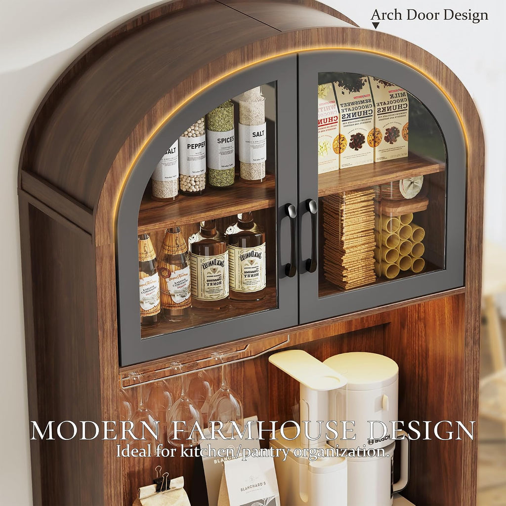 75' Tall Arched Pantry Cabinet with Charging Station & LED Light, Kitchen Pantry Cabinet with Microwave Stand, Drawers and Adjustable Shelf, Coffee Bar Liquor Cabinet for Dining Room
