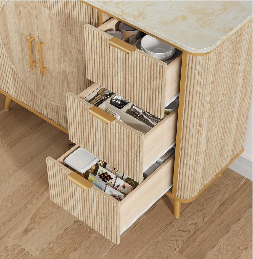 47.3' Modern Buffet Cabinet with Storage, Kitchen Sideboard Buffet with 2 Door & 3 Drawers, Fluted Caffee Bar Storage Cabinet for Dining Room, Living Room, Entryway, Natural Oak