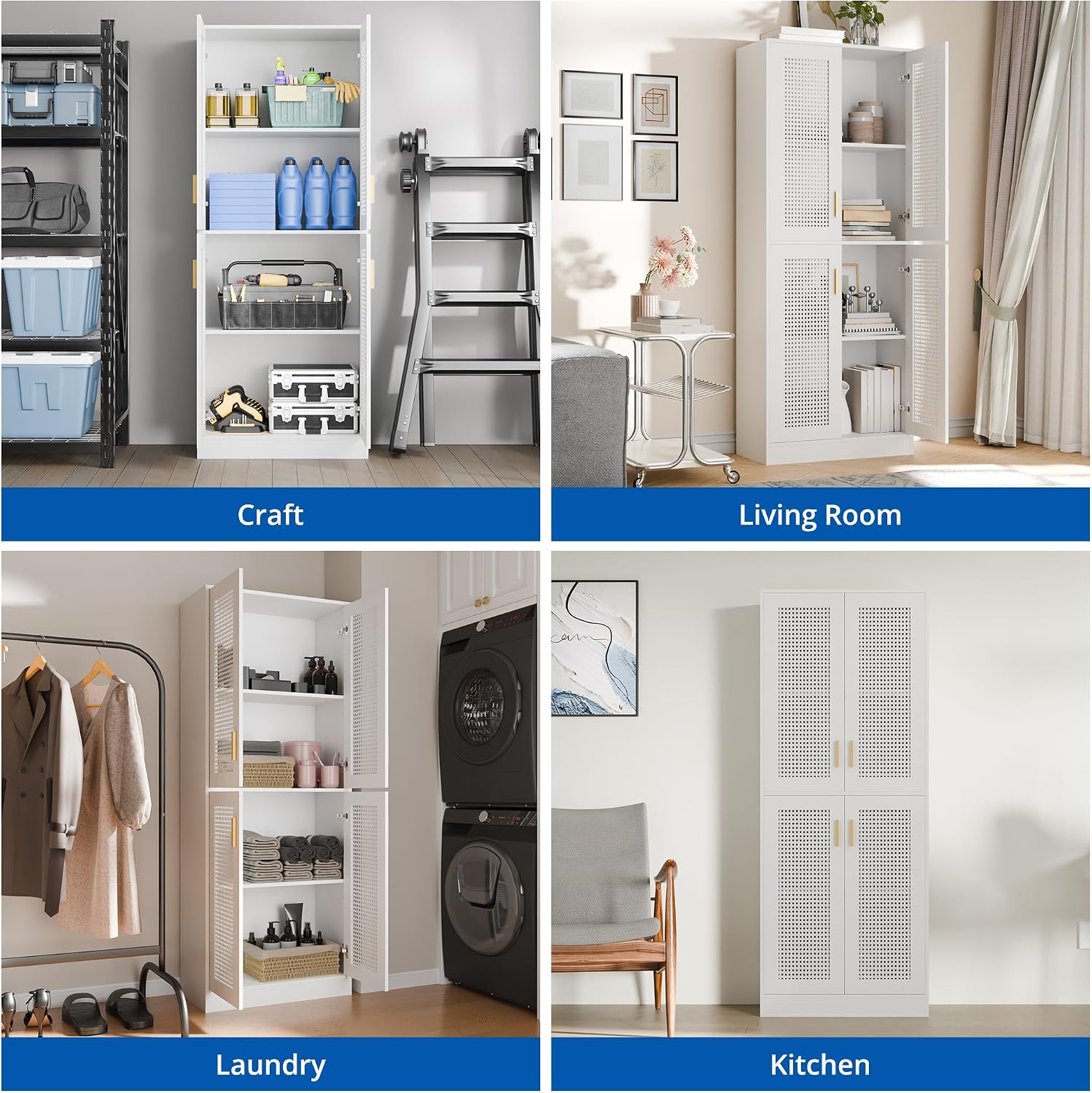 Cozy Castle Kitchen Pantry Cabinet, 71' Tall Rattan Doors Storage Cabinet and Adjustable Shelves, Modern Farmhouse Wood Cupboard Utility Hutch for Kitchen, Dining Room, Living Room (White)