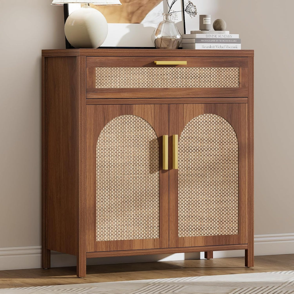 Rattan Buffet Cabinet with Storage, Sideboard Cabinet with Doors and Shelves, Accent Coffee Bar with Drawers, Farmhouse Kitchen Storage Cabinets, credenza for Entryway, Living Room Walnut