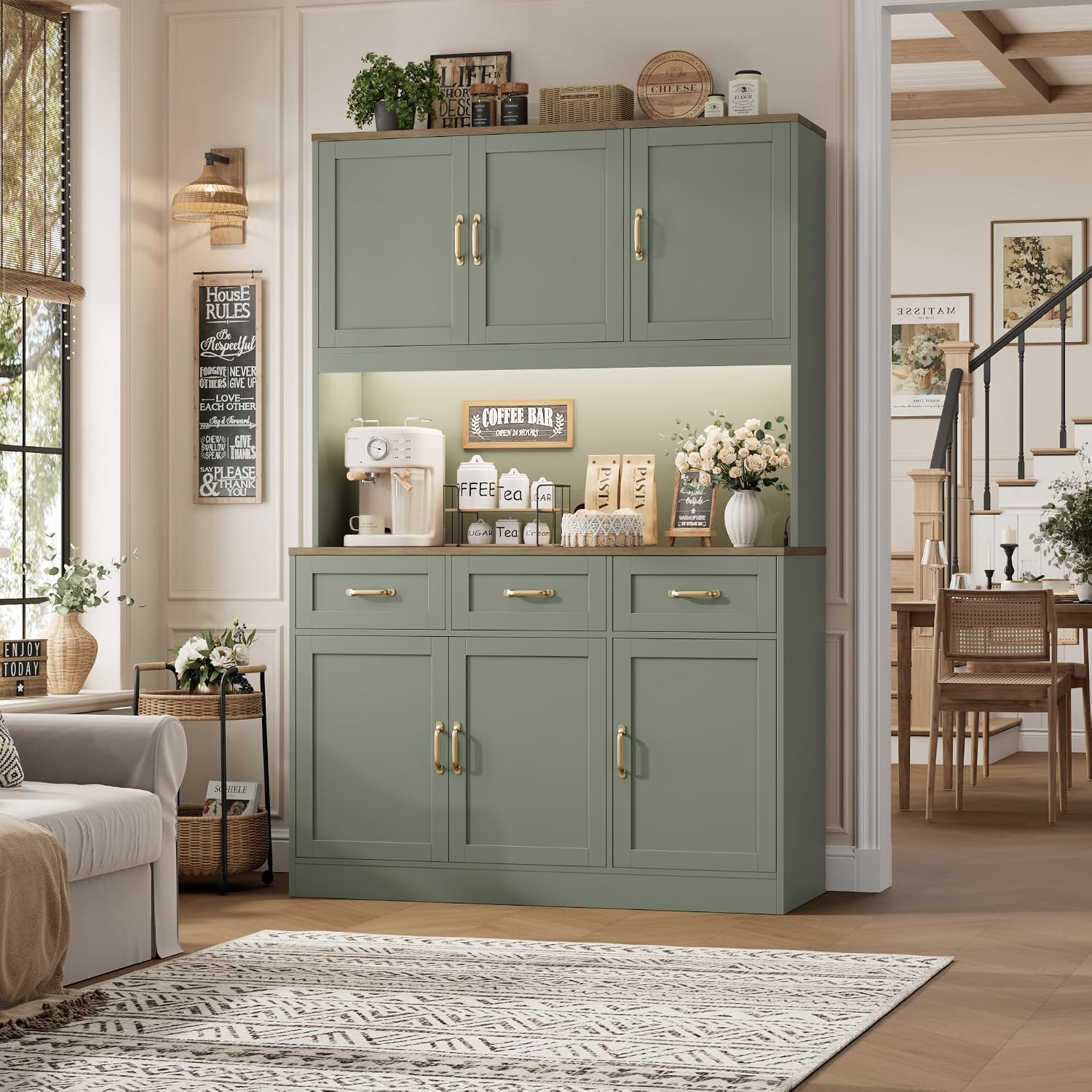 HOSTACK 72' Tall Kitchen Pantry Cabinet with Charing Station | LED Lights, 47' W Kitchen Pantry Storage Cabinet with Countertop, Modern Kitchens Hutch Cabinets with Storage for Dining Room, Green