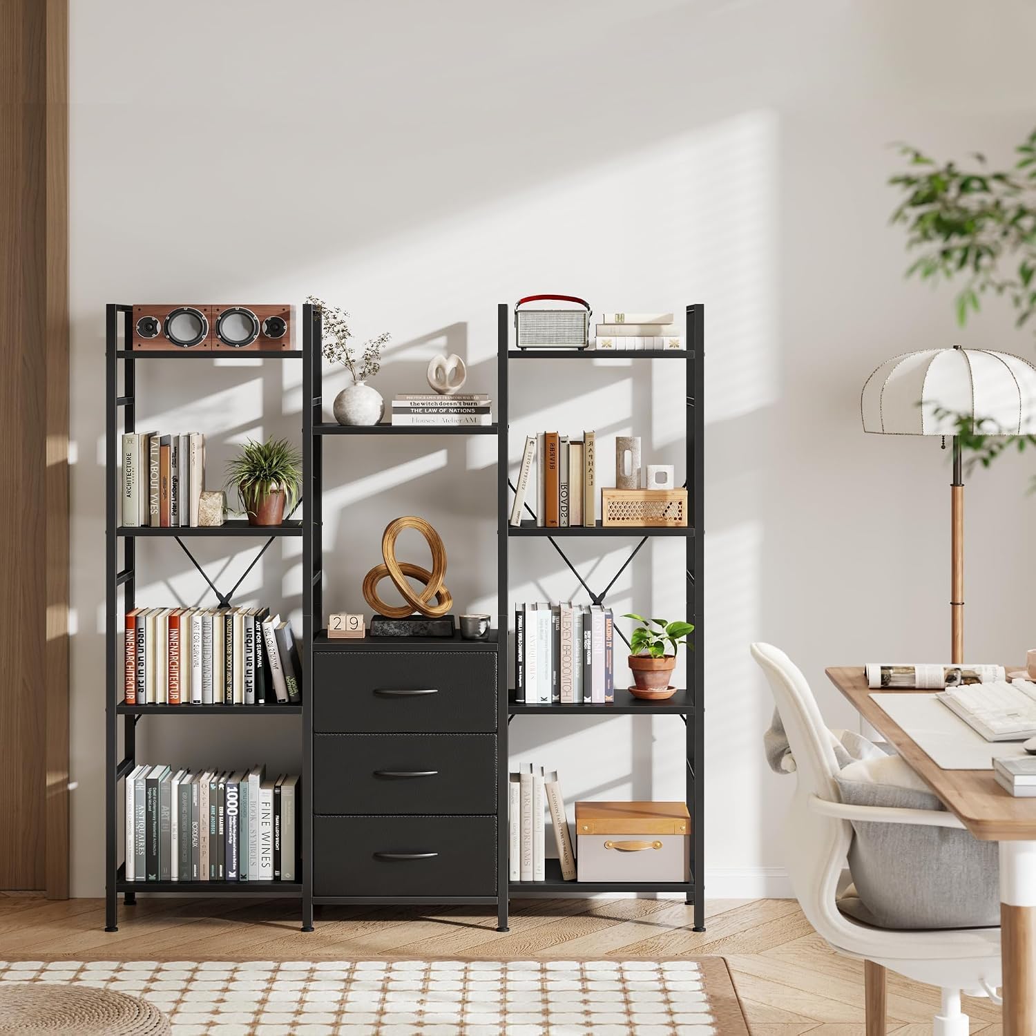 AFLUI Triple Bookshelf with 3 Fabric Drawers, 4-Tier Book Shelf and 10 Display Shelves, Industrial Large Bookcase for Home & Office, Black, 47'' Wide