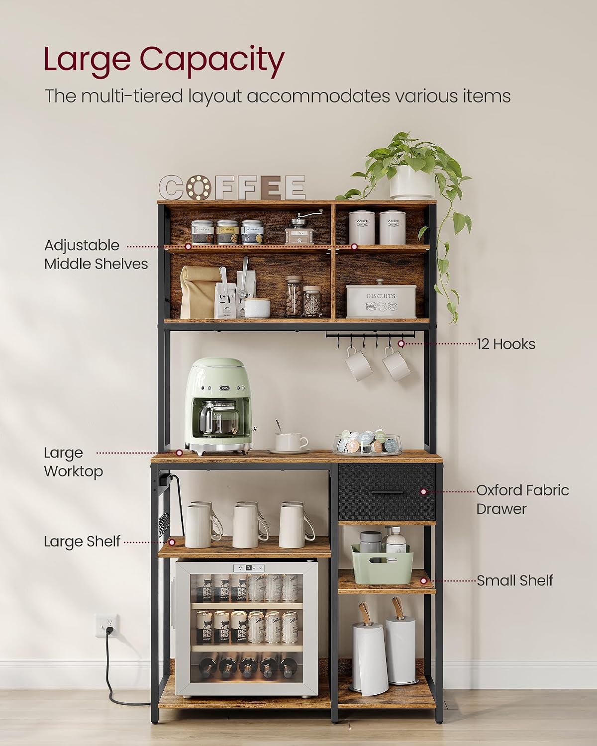 VASAGLE Bakers Rack with Charging Station, Coffee Bar, 15.7 x 39.4 x 71 Inches, Kitchen Microwave Stand, Adjustable Storage Shelves, Fabric Drawer, 12 Hooks, Rustic Brown and Ink Black UKKS027K01