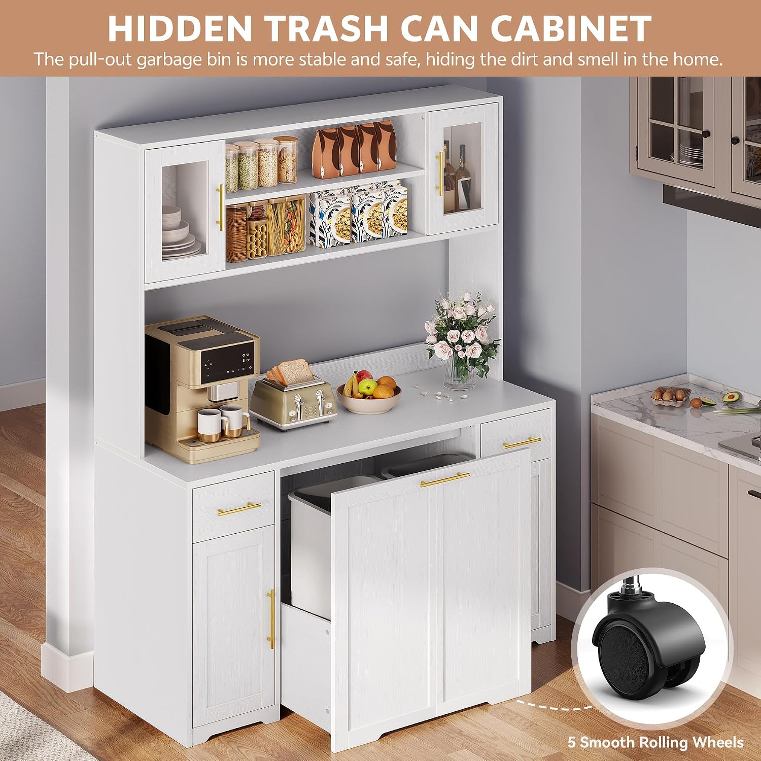 Hutch Cabinet with Storage, 65' Tall Kitchen Pantry with Power Outlet, Double Pull Out Trash Can Cabinet, Kitchen Hutch with Countertop and Drawers, Modern Pantries for Home, White
