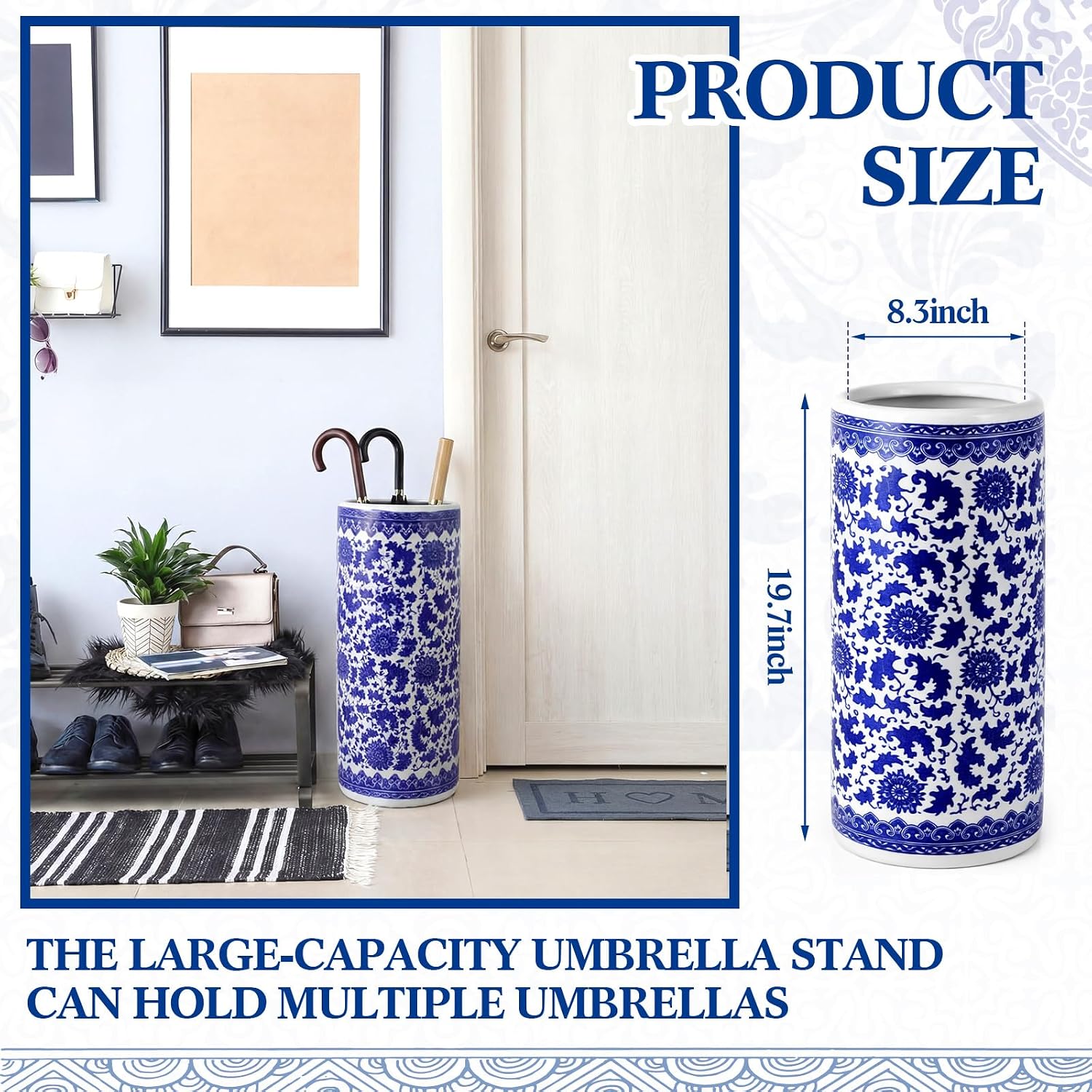 Sawysine Blue and White Ceramic Umbrella Stand, Floral Design Floor Vase for Entryway Indoor Decorative, 19.7' Heavy Porcelain Holder for Umbrellas Canes Home Decor(19.7 Inch,Lotus in Vine)