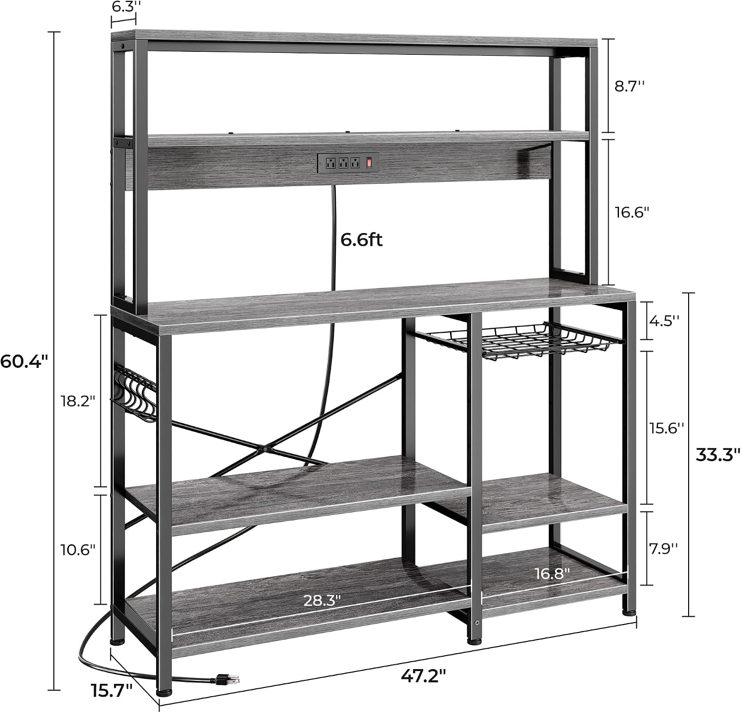 SUPERJARE Bakers Rack with Power Outlet, 47.2 Inches Coffee Bar with 3 Level-Adjustable Open Shelves, Wire Basket, Kitchen Microwave Stand with 6 S-Shaped Hooks, Grey