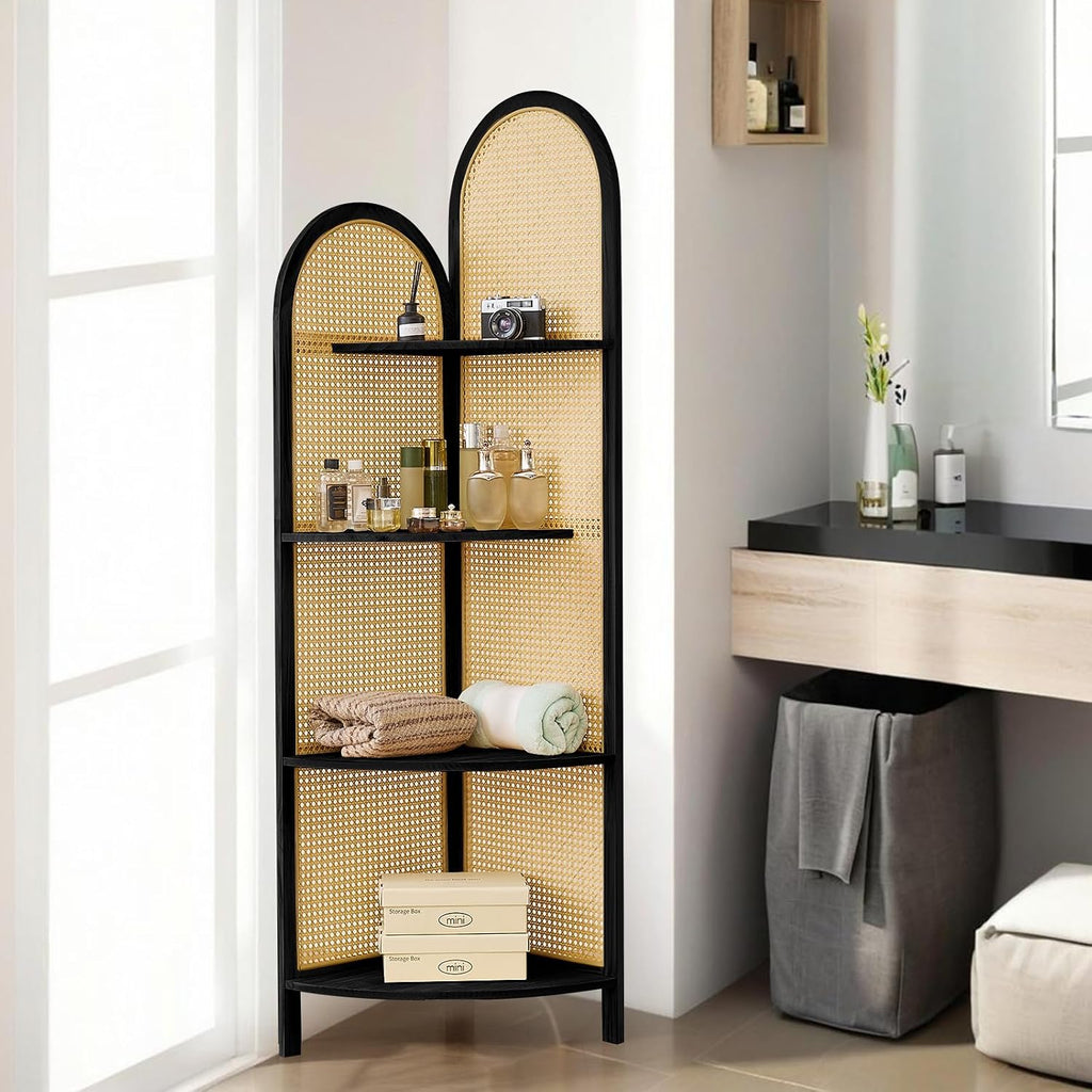 Corner Shelf Stand 4-Tier 70' Solid Wood Frame with Rattan Corner Shelves Display Shelf Wall Corner Bookshelf Multi Unit Organizer Rack with Legs for Living Room Decor,Small Space, Black