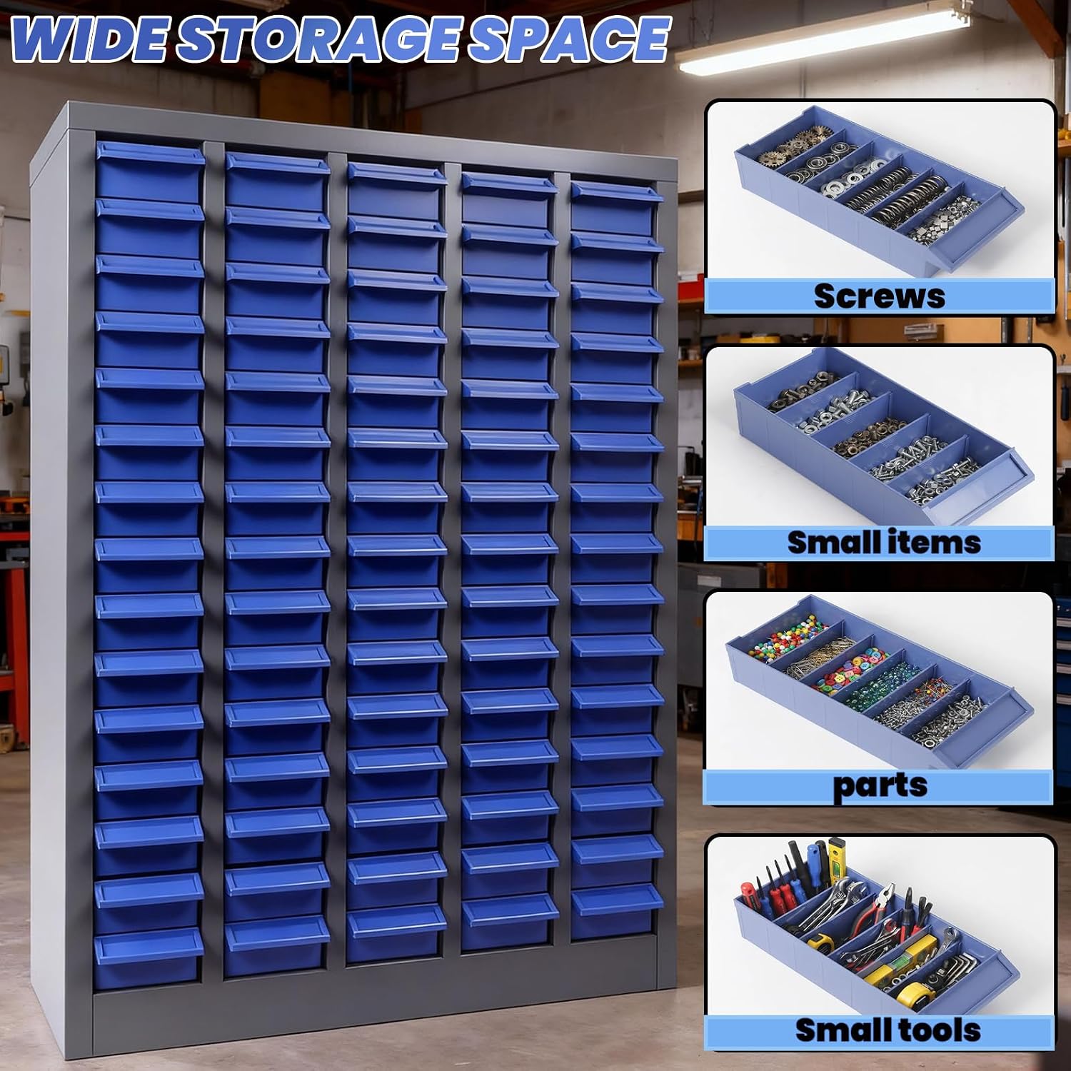 100 Drawers Parts Cabinet, Stainless Steel Nut and Bolt Storage Cabinet, 46' H x 26' D x 9' W Small Parts Organizer with Labels and Shelves for Garages Basements Warehouse(100 Drawers)