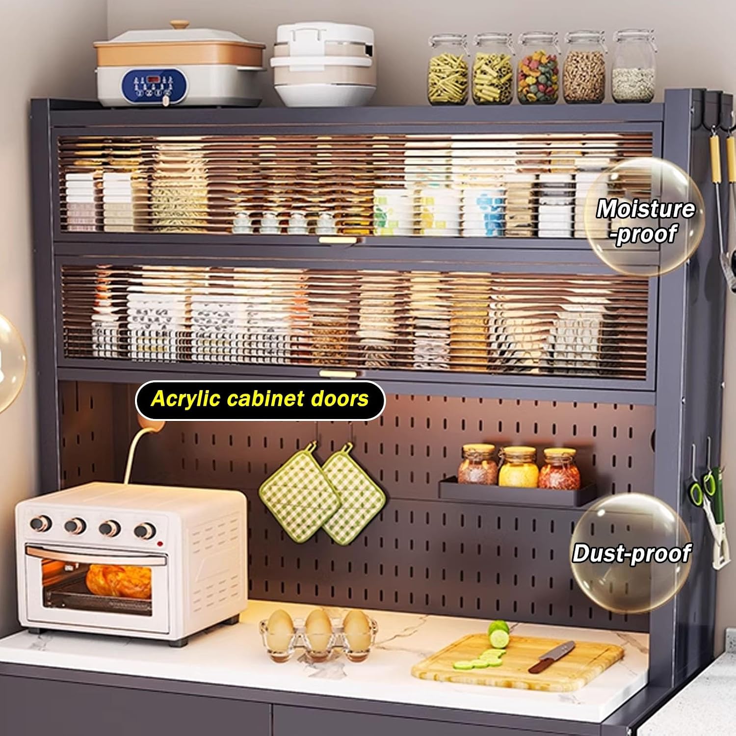 JKGHK Kitchen Storage Sideboard Cabinet, Tall Bakers Rack Countertop with Stone Slab Countertop, Standing Pantry with Pegboard and Adjustable Shelves for Home Coffee Bar(Gray,24x62in)