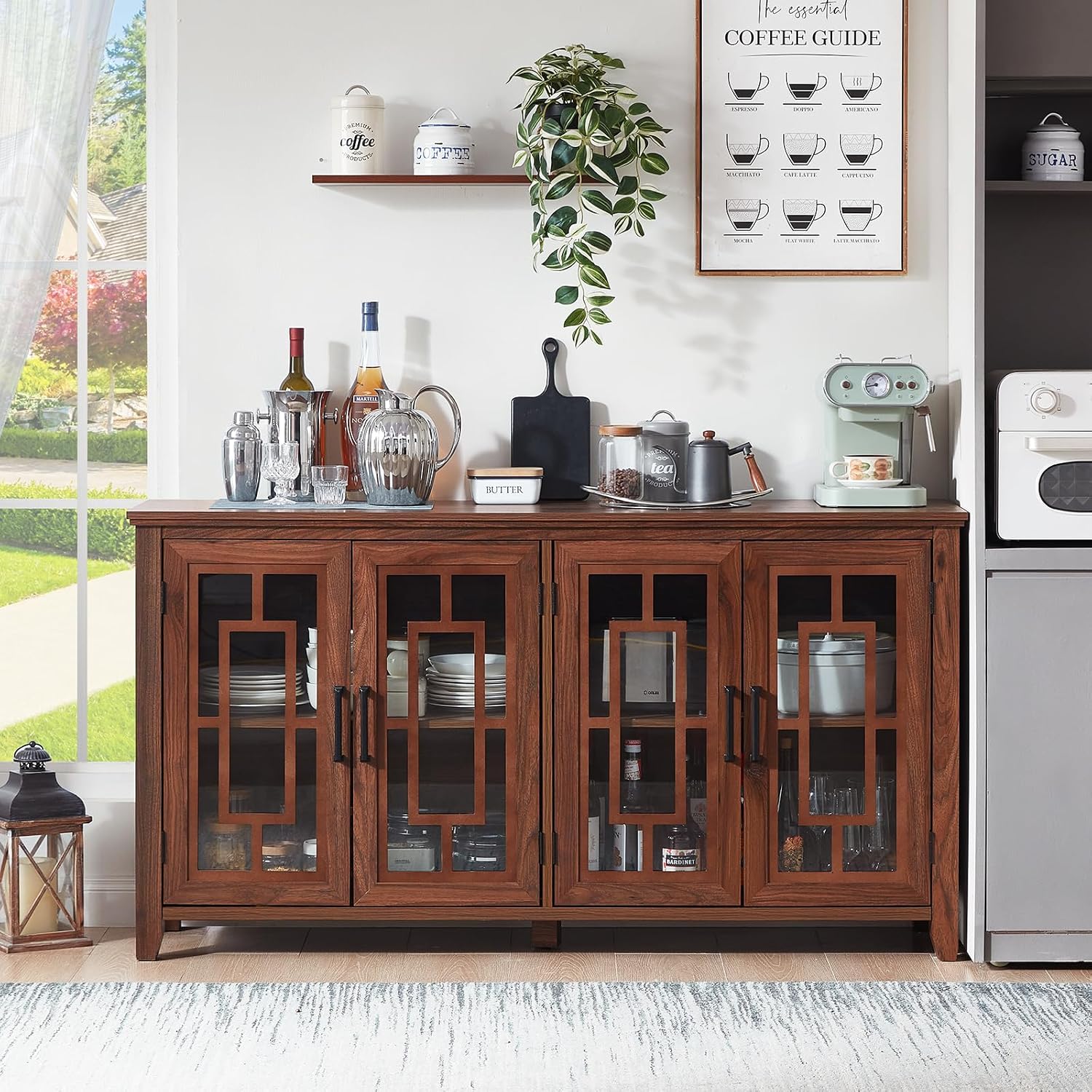 Joaxswe Large Sideboard Buffet Cabinet with Storage, 63' Farmhouse Credenza with 4 Glass Doors, Adjustable Shelves Console Table, Wood Kitchen Coffee Bar for Dining Room, Living Room, Brown