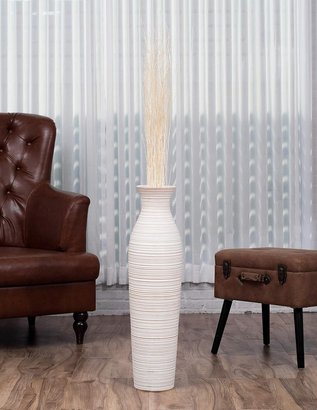 Leewadee Large White Home Decor Floor Vase - Wooden 26 inch Tall Farmhouse Decor Flower Holder for Fake Plant and Pampas Grass