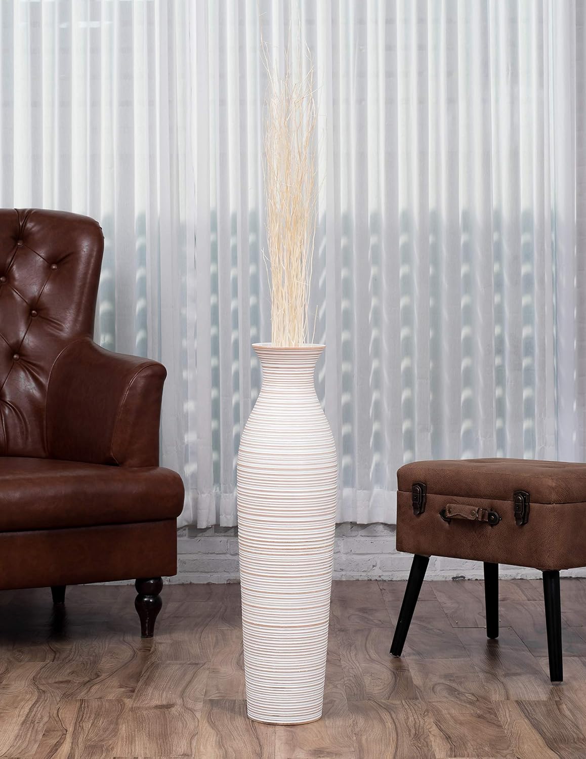 Leewadee Large White Home Decor Floor Vase - Wooden 26 inch Tall Farmhouse Decor Flower Holder for Fake Plant and Pampas Grass