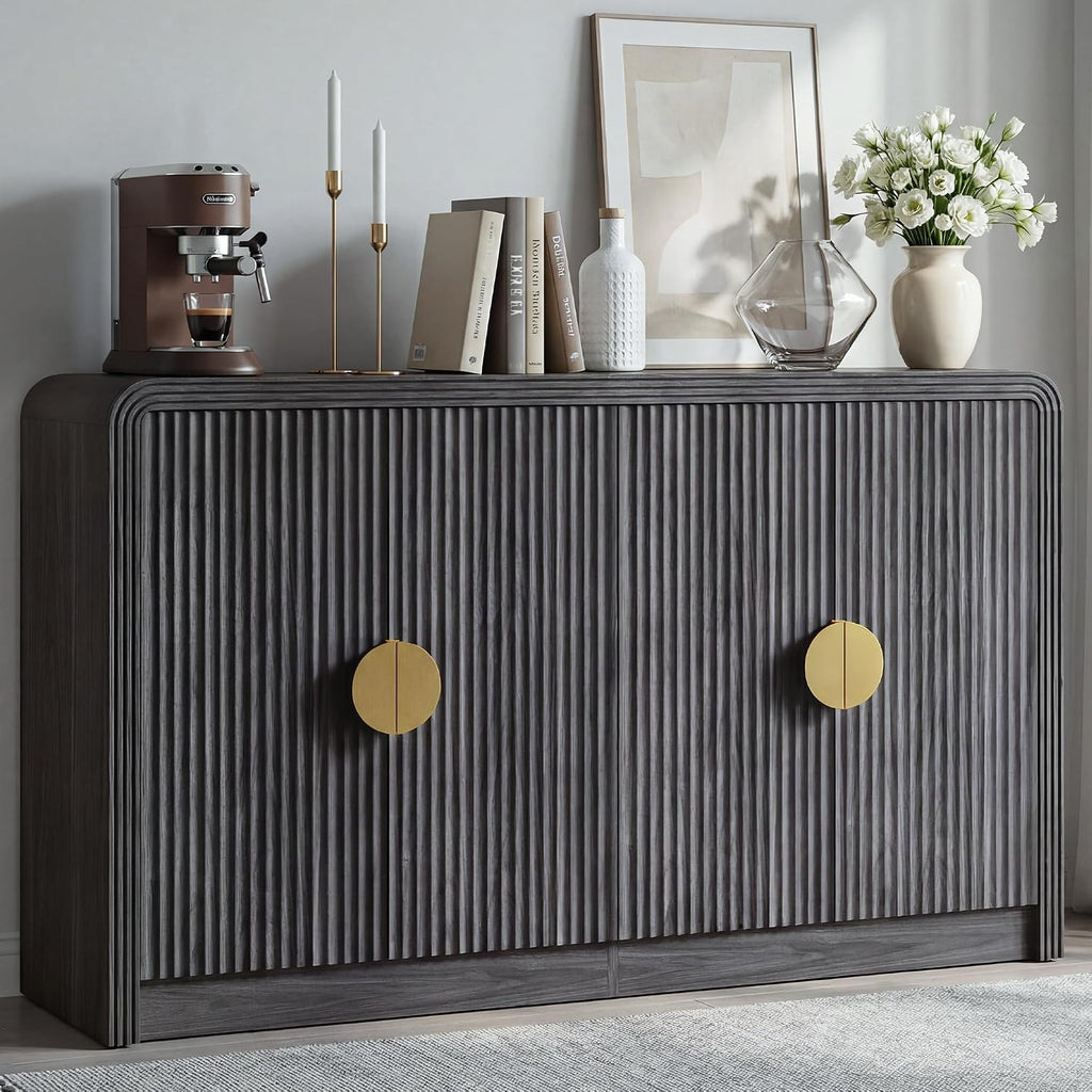 Decofy 55' Buffet Sideboard Cabinet, Mid Century Modern Console Cabinet with Wavy Grain Doors & Adjustable Shelves for Kitchen Cabinets, Living Room, Entryway, Coffee Bar Cabinet, Black Walnut