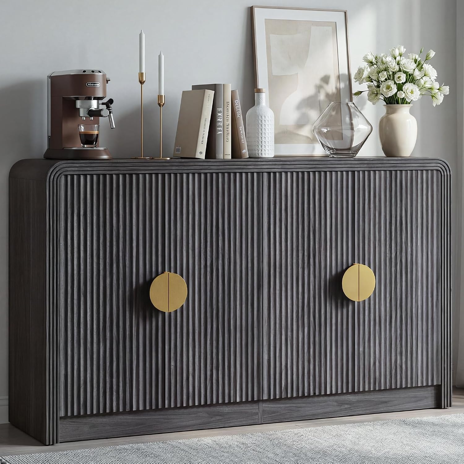 Decofy 55' Buffet Sideboard Cabinet, Mid Century Modern Console Cabinet with Wavy Grain Doors & Adjustable Shelves for Kitchen Cabinets, Living Room, Entryway, Coffee Bar Cabinet, Black Walnut