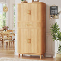 HUAHUU 71' Pantry Cabinet with Drawer, Kitchen Pantry Storage Cabinet with 4 Doors, Modern Curved Storage Cabinets with 10 Large Storage Spaces for Dining Room, Living Room, Oak