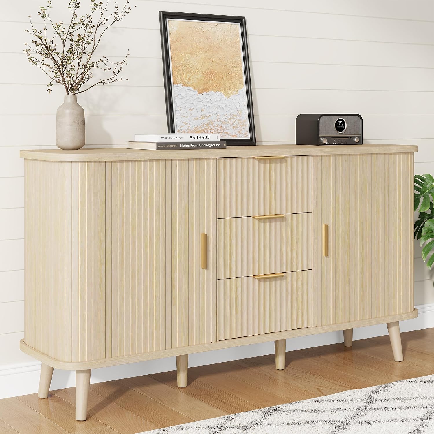 Lulive Natrual Buffet Cabinet, 55' Wide Sideboard Buffet Storage Cabinet with Rolling & Sliding Doors, Modern Bar Cabinet for Kitchen & Dining Room
