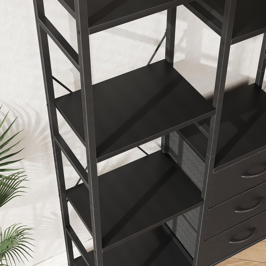 AFLUI Triple Bookshelf with 3 Fabric Drawers, 4-Tier Book Shelf and 10 Display Shelves, Industrial Large Bookcase for Home & Office, Black, 47'' Wide