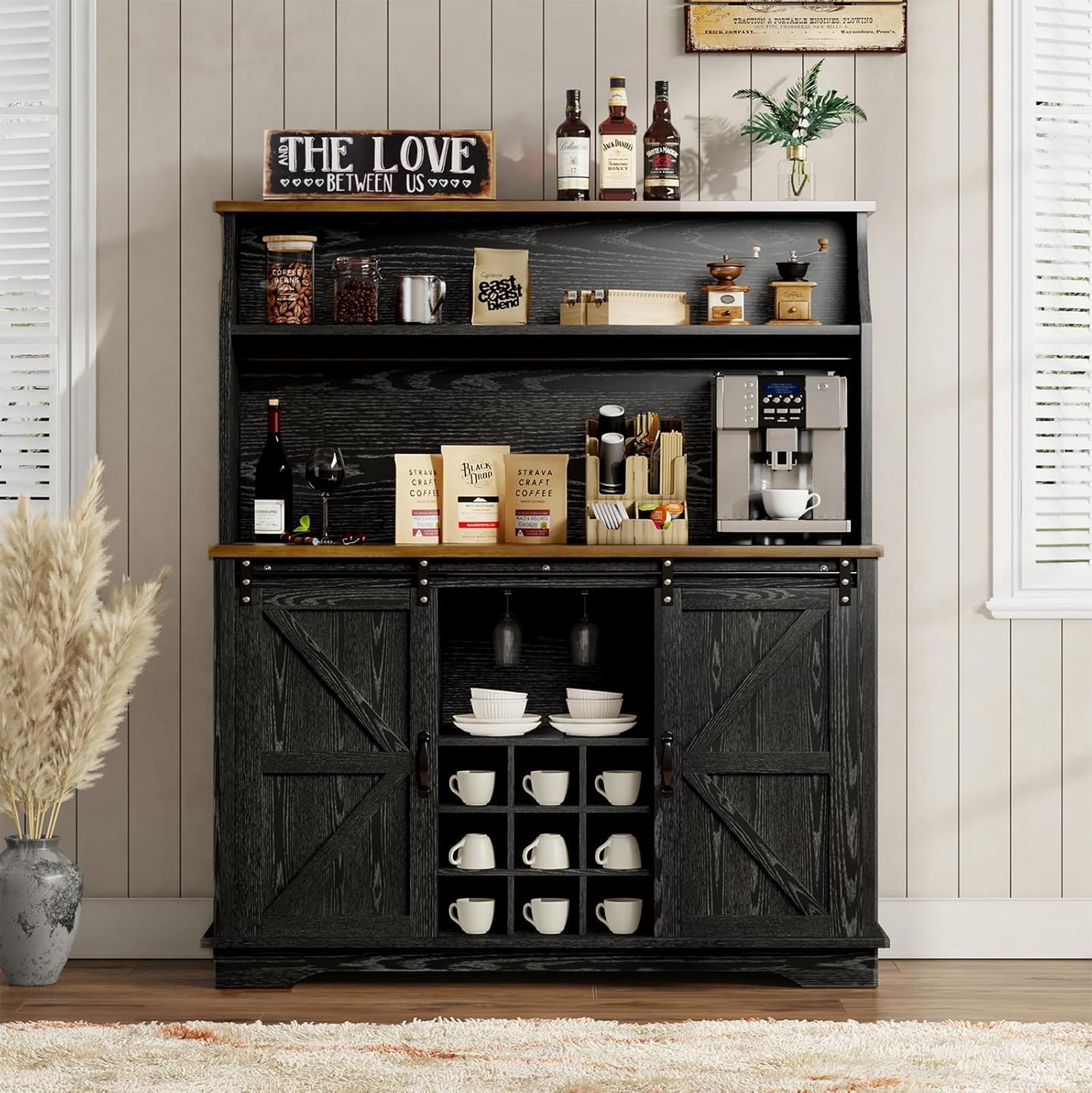 REVOMINCA 47 Inch Farmhouse Coffee Bar Cabinet with 3-Tier Storage, Coffee Bar Hutch with 9 Wine Racks, 3 Glass Holders, 6 Hooks, Kitchen Hutch for Dining Living Room, Black