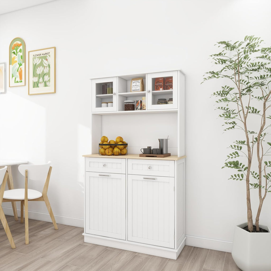 68' Tilt-Out Trash Freestanding Storage Cabinet, Kitchen Storage Bakers Rack with 3 Shelves, Utility Food Cupboard for Home/Kitchen, White