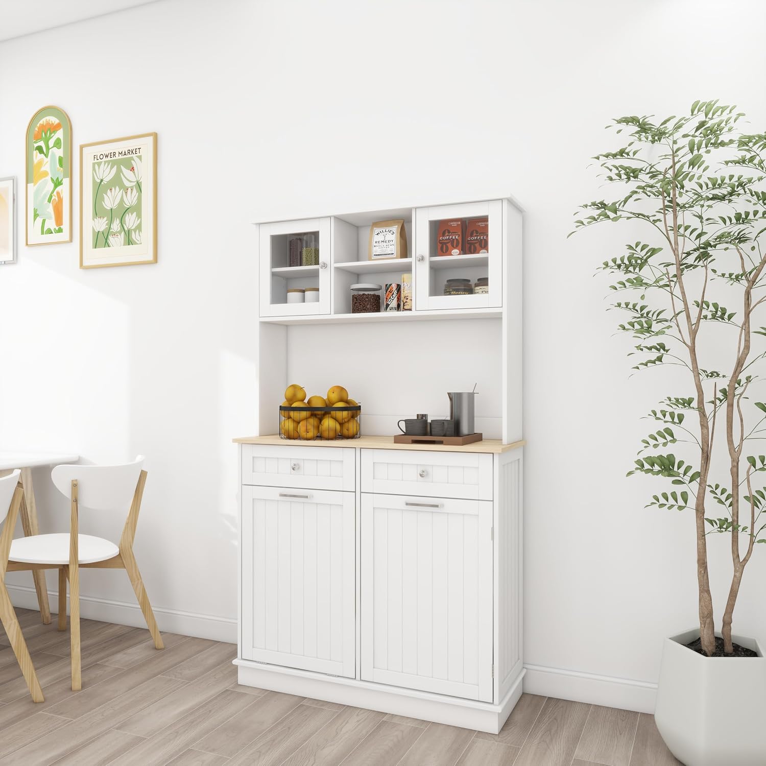 68' Tilt-Out Trash Freestanding Storage Cabinet, Kitchen Storage Bakers Rack with 3 Shelves, Utility Food Cupboard for Home/Kitchen, White