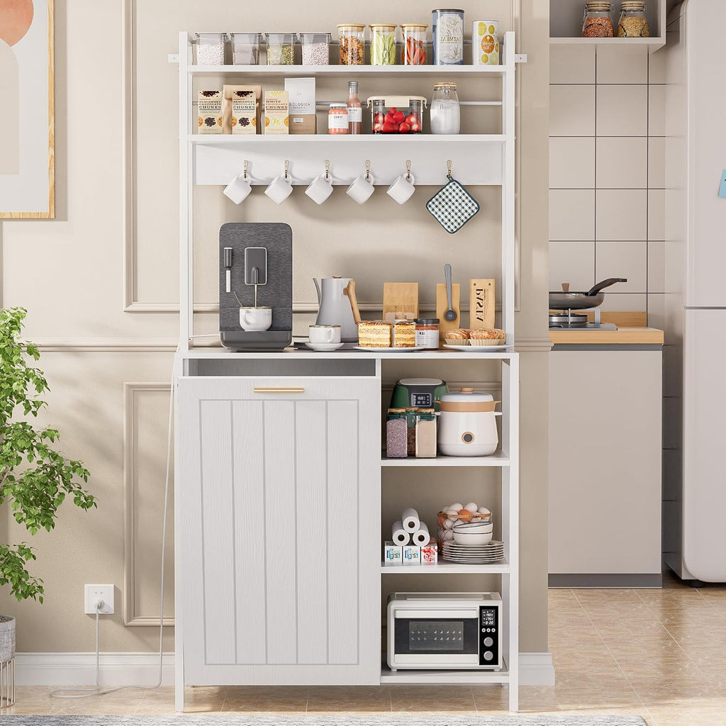 Kitchen Bakers Rack with Storage Shelf - 6-Tier Microwave Stand Oven Cabinet W/Tilting Trash Can Bin and Power Outlet, Farmhouse Thickened Coffee Bar Table Station W/6 Hooks&Adjustable feet