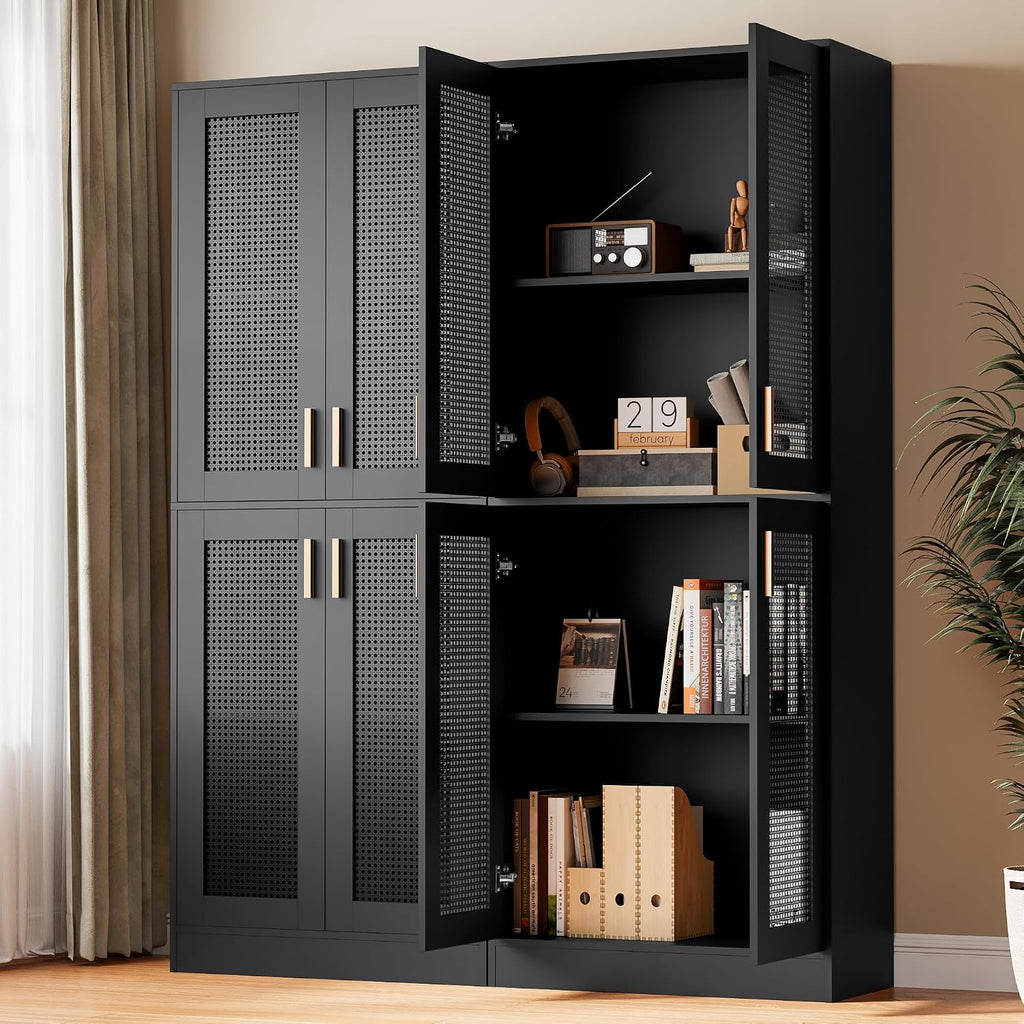 Cozy Castle Kitchen Pantry Cabinet, 71' Tall Rattan Doors Storage Cabinet and Adjustable Shelves, Modern Farmhouse Wood Cupboard Utility Hutch for Kitchen, Dining Room, Living Room (Black)