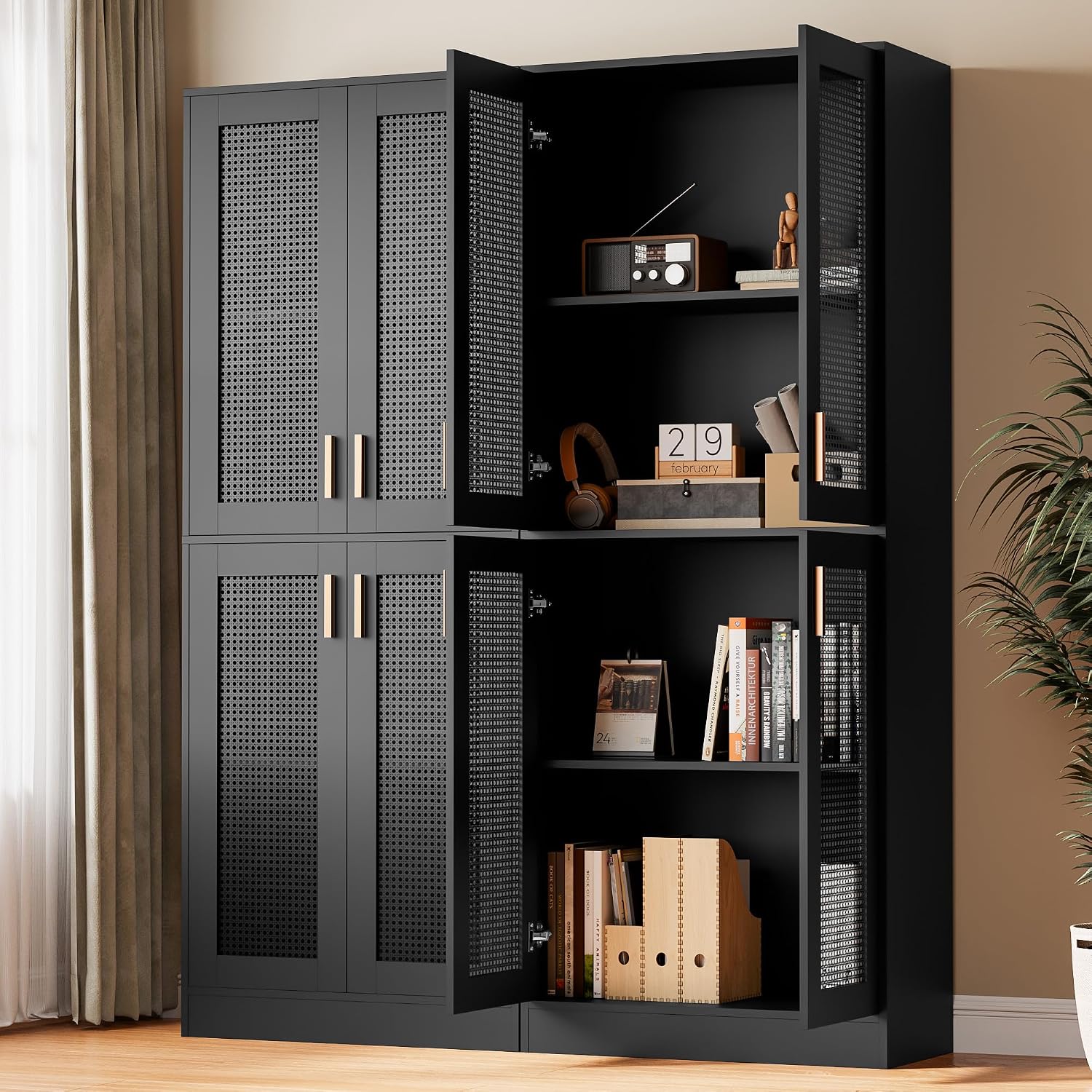 Cozy Castle Kitchen Pantry Cabinet, 71' Tall Rattan Doors Storage Cabinet and Adjustable Shelves, Modern Farmhouse Wood Cupboard Utility Hutch for Kitchen, Dining Room, Living Room (Black)