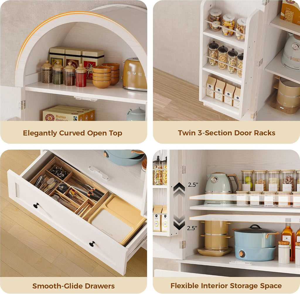 IRONCK 70.9' Tall Arched Kitchen Pantry, Kitchen Cabinet with Large Drawer, Adjustable Shelves, Arched Open Shelving, 2 Doors with Storage Shelves, Modern Versatile Cupboard for Kitchen, Dining Room