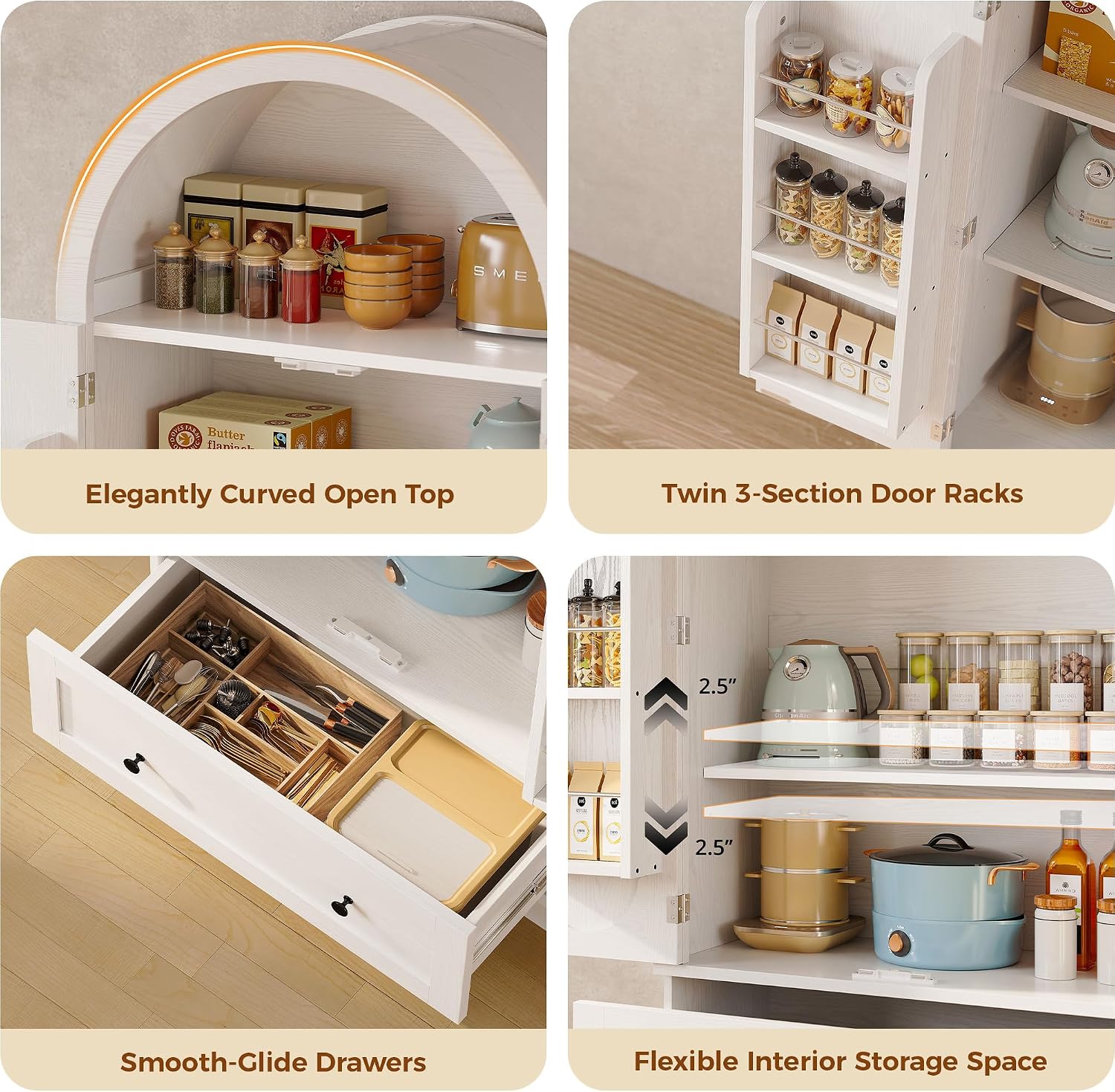 IRONCK 70.9' Tall Arched Kitchen Pantry, Kitchen Cabinet with Large Drawer, Adjustable Shelves, Arched Open Shelving, 2 Doors with Storage Shelves, Modern Versatile Cupboard for Kitchen, Dining Room