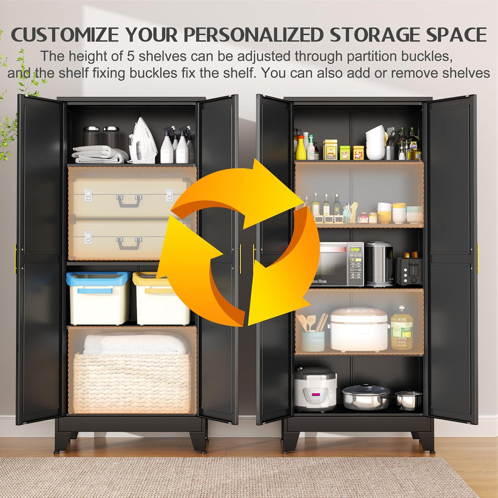 GAIOUS 75.2' Tall Storage Cabinet, Pantry Storage Cabinets with 2 Door and 5 Adjustable Shelves, Black Kitchen Food Cabinet, Metal Utility Cabinets for Kitchen, Dinning Room, Laundry Room