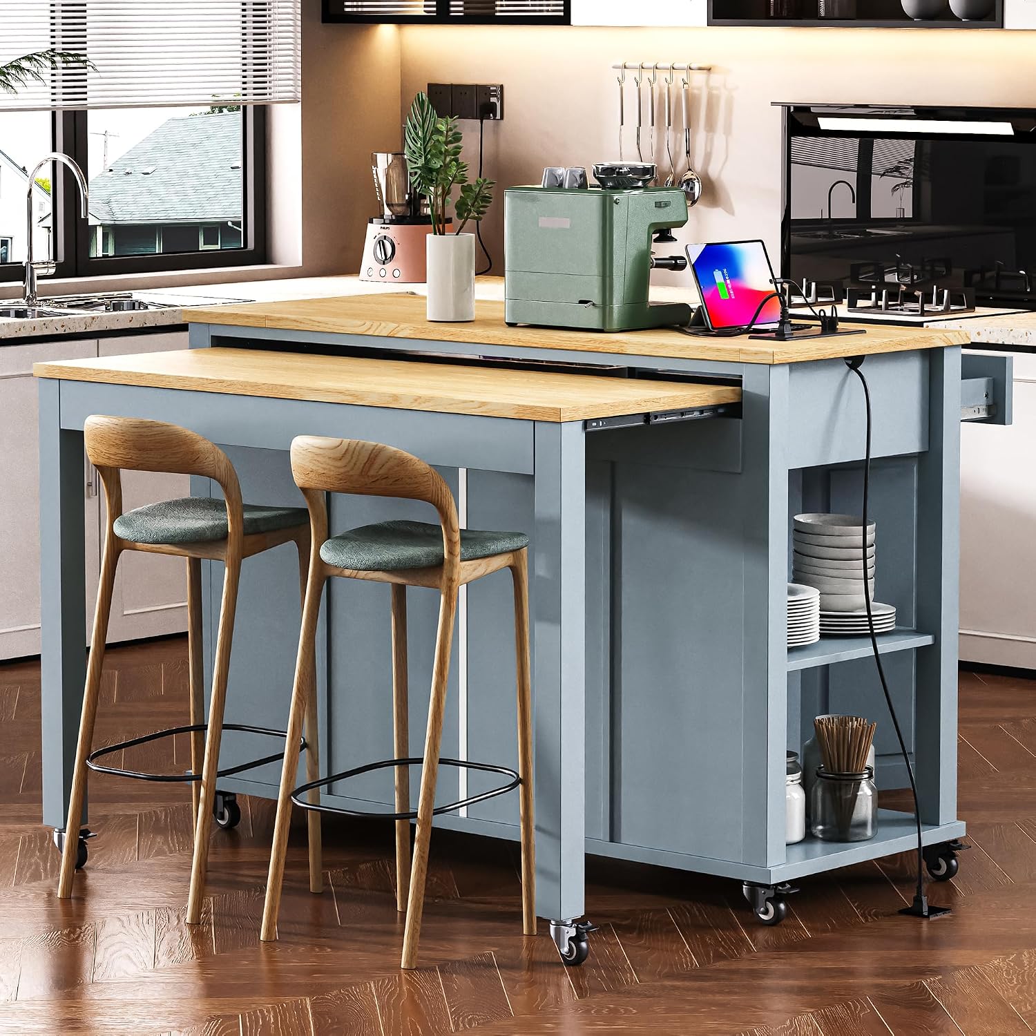 47' Kitchen Island with Extendable Dining Table, Rubber Wood Veneer Kitchen Table with Internal Storage Rack, Power Outlet, 2 Drawers, 2 Cabinet for Kitchen, Dining Room, Grey Blue