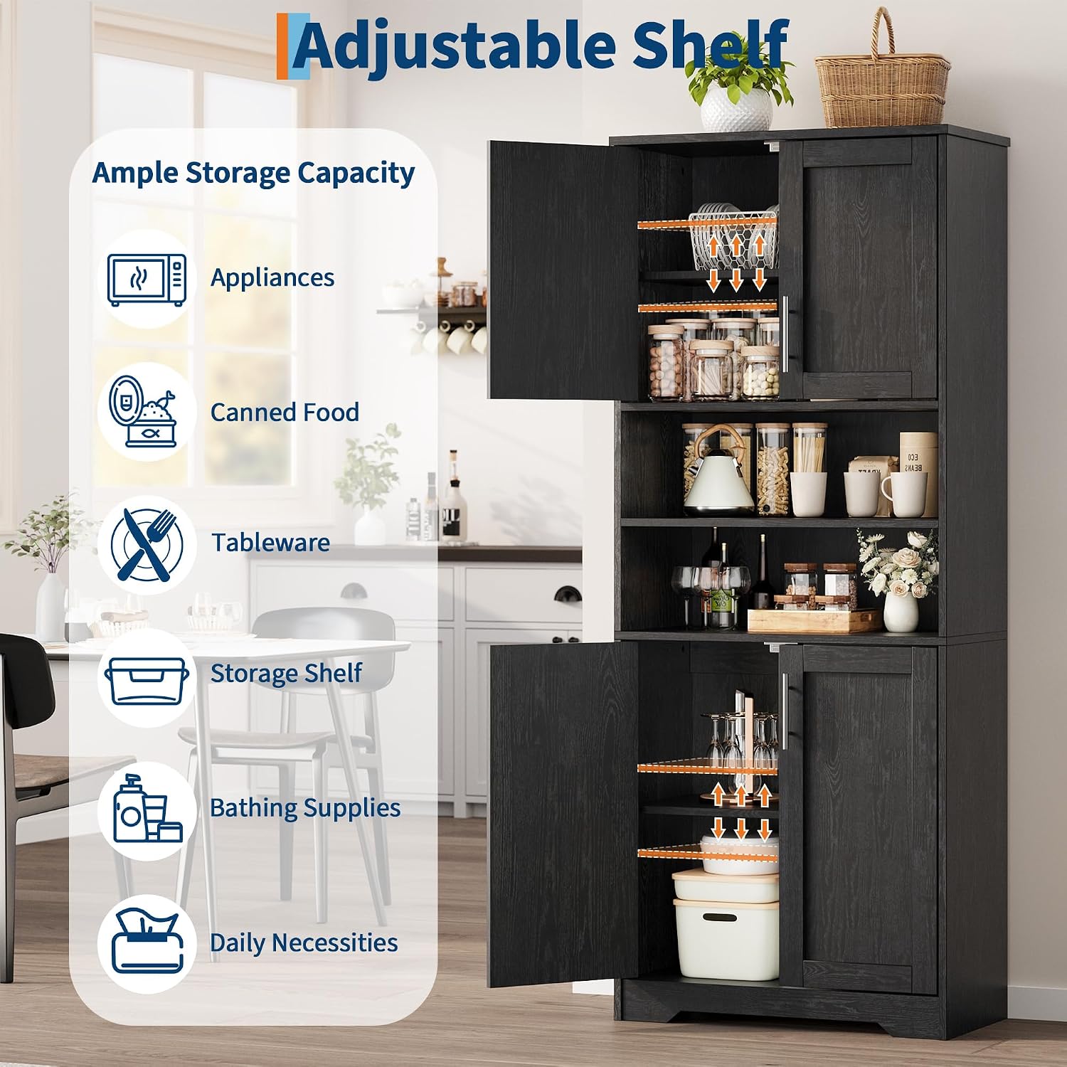 IDEALHOUSE 67' H Tall Storage Cabinet, Freestanding Bathroom Cabinet with 4 Doors and Adjustable Shelves,Modren Cupboard for Kitchen, Pantry, Living Room, Black