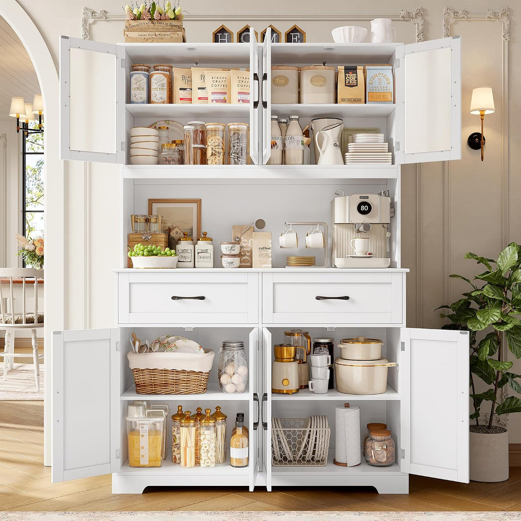 BOTLOG Pantry Storage Cabinet with Microwave Stand, 71' Tall Kitchen Hutch, Large White Pantry Cabinet with Glass Doors for Dining Room