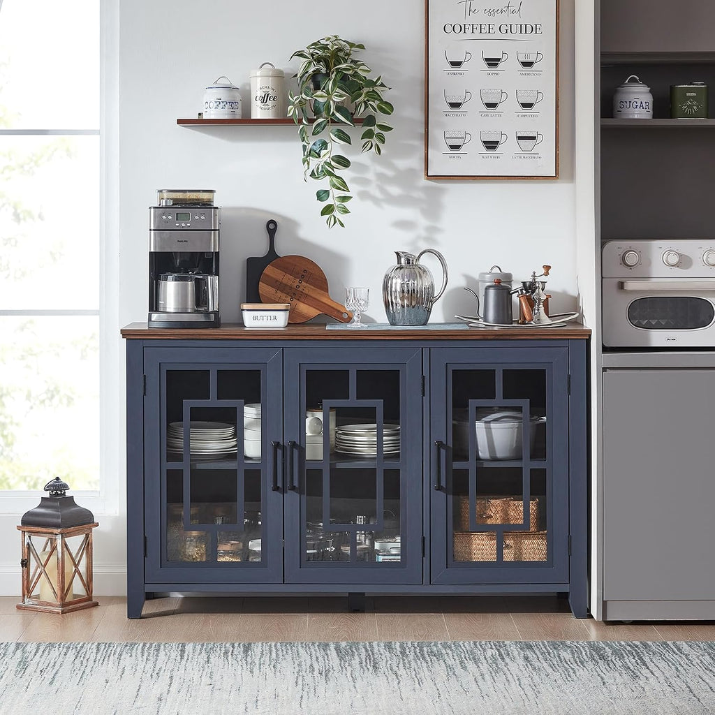 Joaxswe Large Sideboard Buffet Cabinet with Storage, 55' Farmhouse Kitchen Coffee Wine Bar Cabinet with 3 Glass Doors, Wood Mid Century Modern Side Board Table for Dining Room, Living Room,Navy Blue
