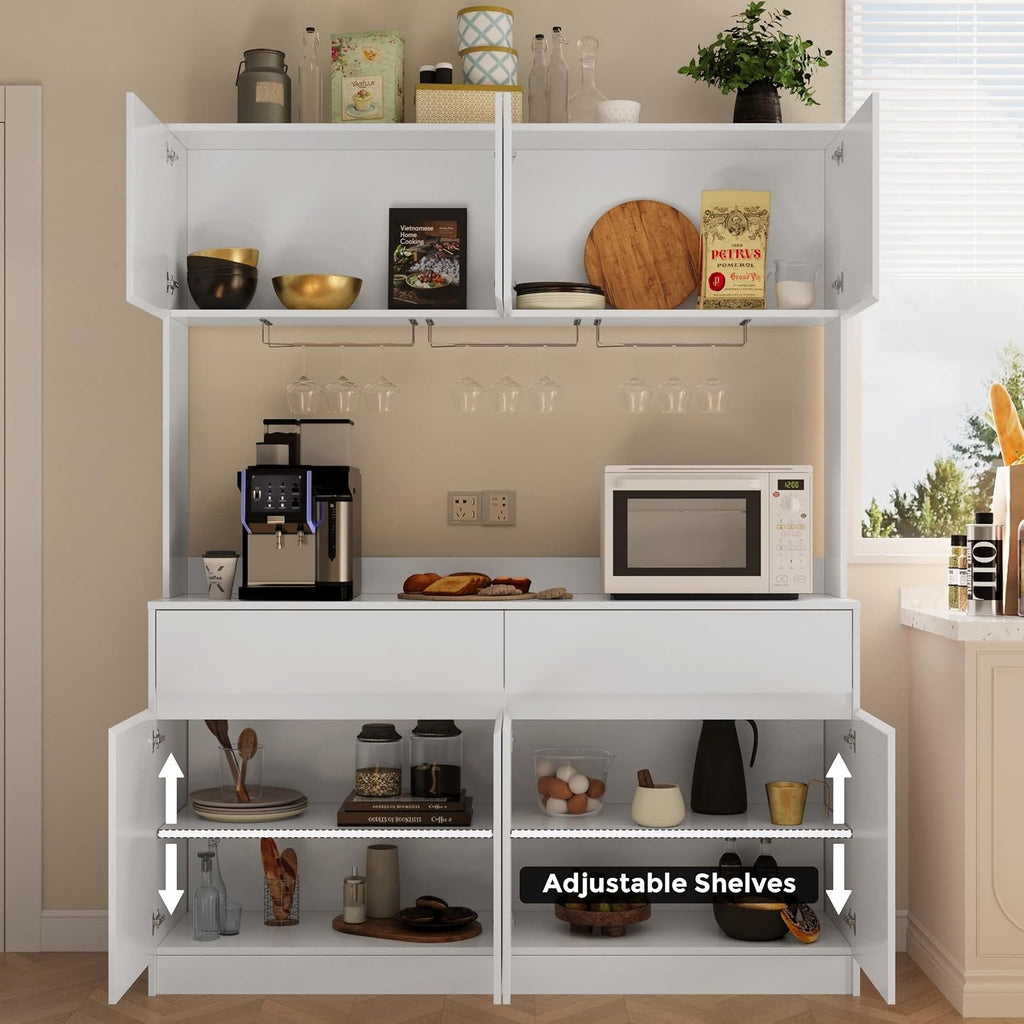 Mekminop Kitchen Hutch Storage Cabinet, 63' W Large Pantry Cabinets with Microwave Oven Countertop, Freestanding Kitchen Pantry Storage Cabinet with 4 Doors, 2 Drawers and 7 Shelves, White
