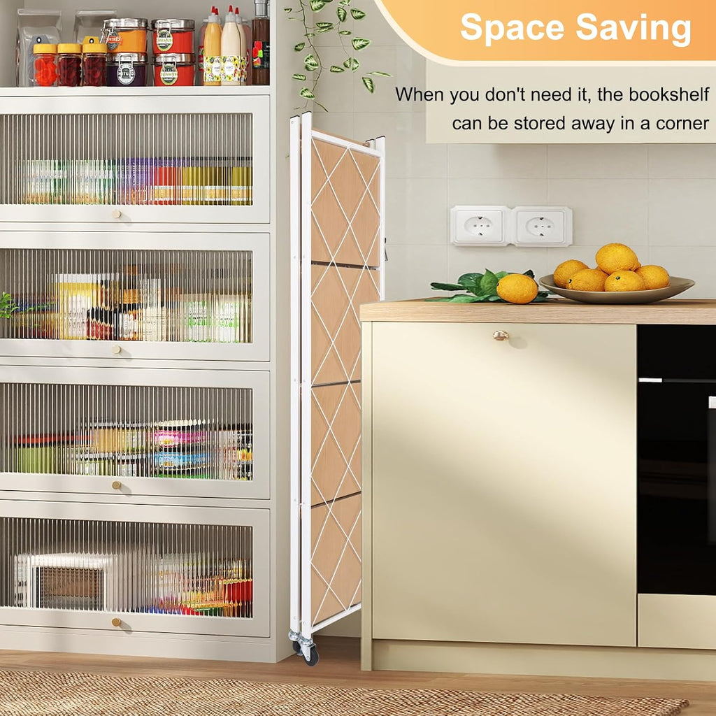 5-Tier Foldable Storage Shelves with Wheels | Portable Structure, Suitable for kitchen, bedroom, living room, bathroom, garage, wood grain transfer, 59*26*13in